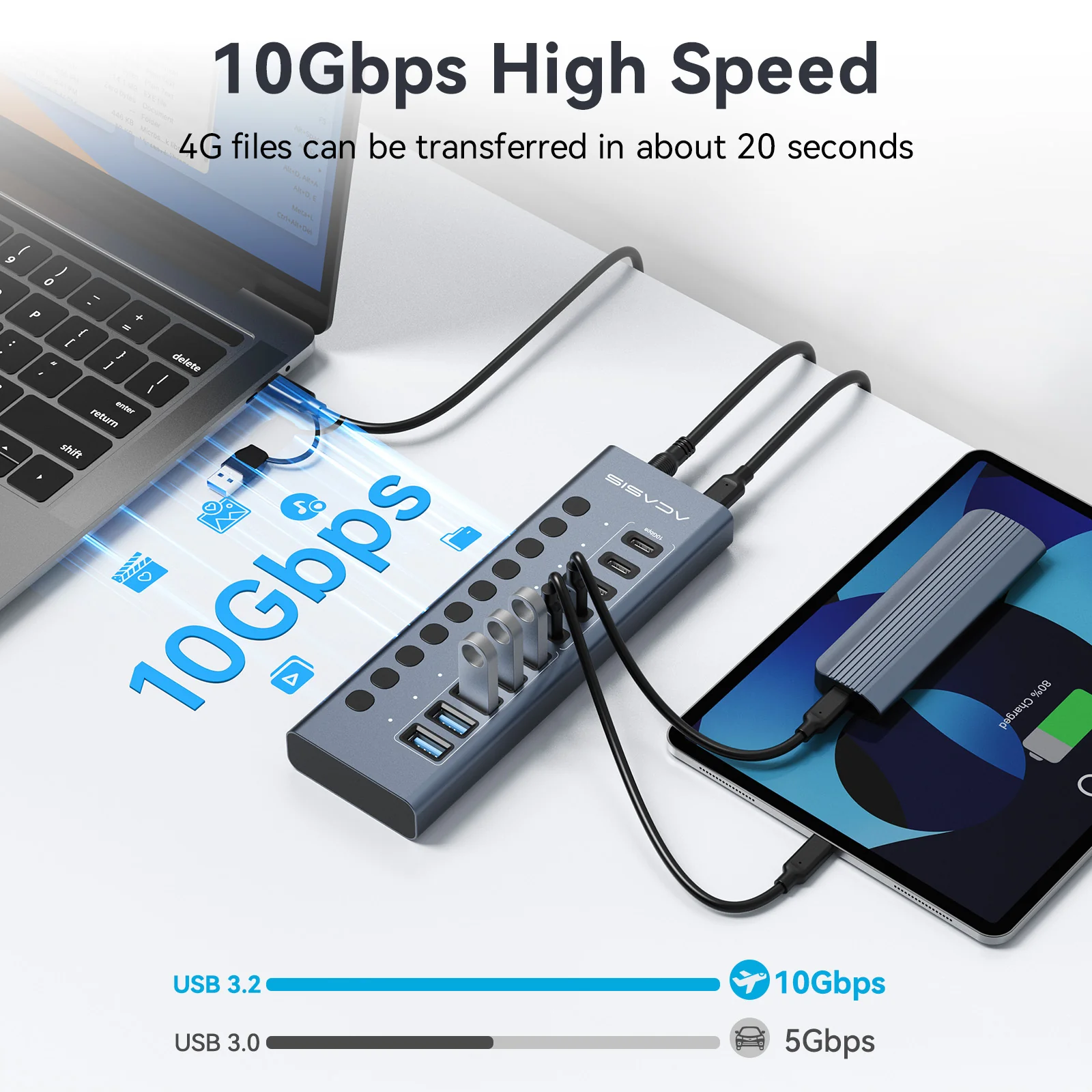 Acasis 10-Port 10Gbps USB 3.2 Hub Powered, 5 USB-A & 5 USB-C Ports - Image 3