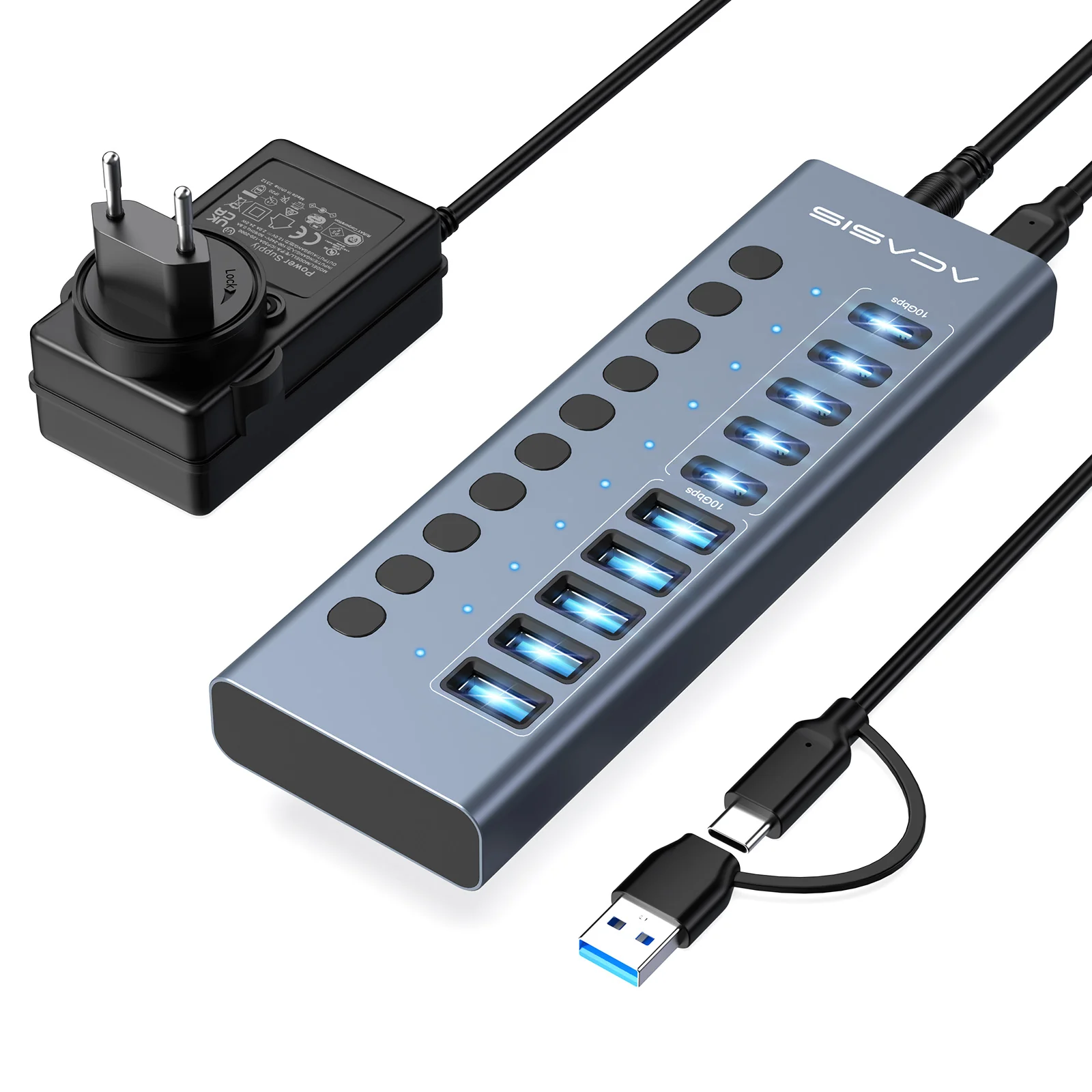 Acasis 10-Port 10Gbps USB 3.2 Hub Powered, 5 USB-A & 5 USB-C Ports - Image 9