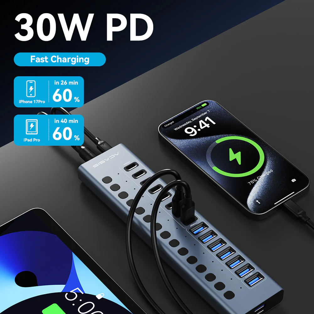 Acasis 16-Port Fast Charging USB 3.2 Hub with 8 USB-A + 8 USB-C Ports - Image 3
