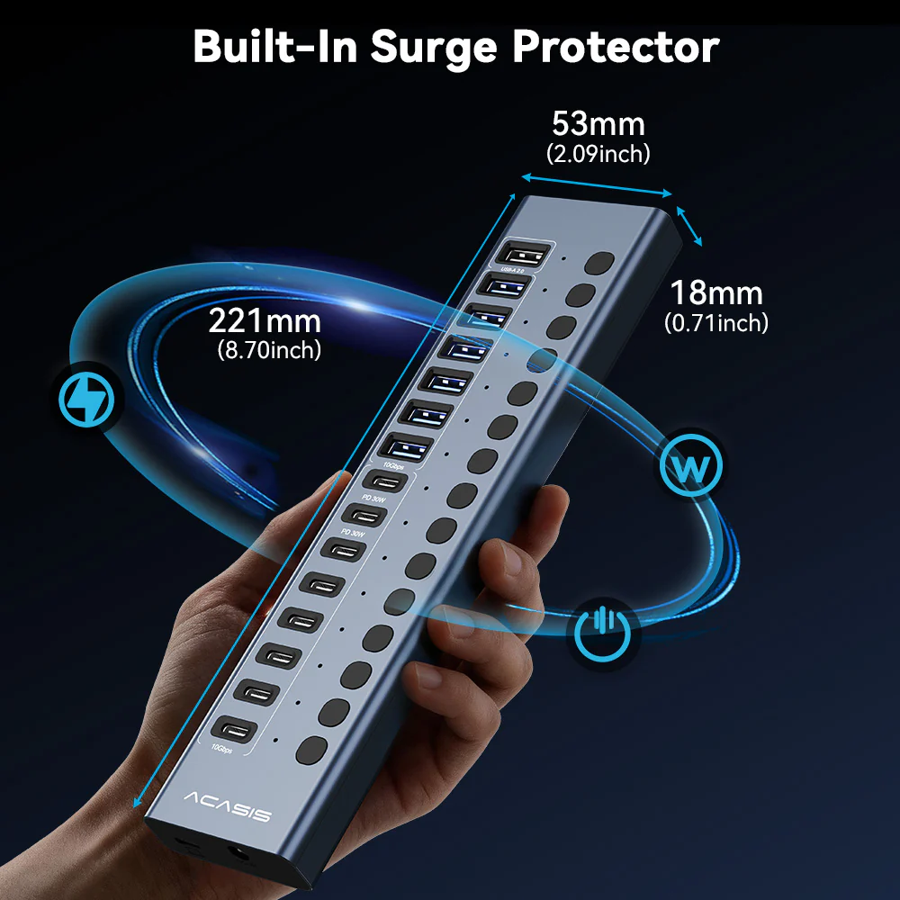 Acasis 16-Port Fast Charging USB 3.2 Hub with 8 USB-A + 8 USB-C Ports - Image 6