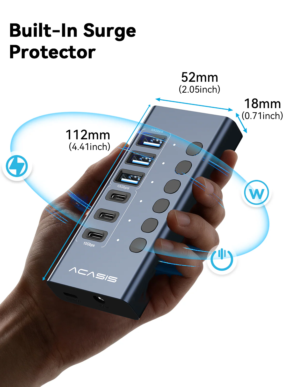 Acasis 6-Port 10Gbps USB 3.2 Hub Powered, 3 USB-A & 3 USB-C Ports - Image 4